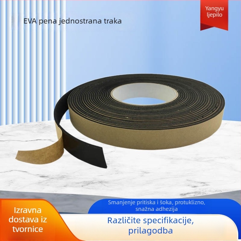 Eva pjena jednodjelna traka za ublažavanje udara, protuklizna i vodootporna samoljepljiva brtvena traka; debljina 1–10 mm; dugotrajna temperaturna otpornost 60°C; kratkotrajna 80°C; podloga: pjena; sustav ljepila: vinil