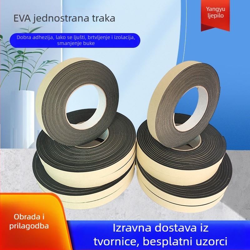 Eva pjena jednodjelna traka za ublažavanje udara, protuklizna i vodootporna samoljepljiva brtvena traka; debljina 1–10 mm; dugotrajna temperaturna otpornost 60°C; kratkotrajna 80°C; podloga: pjena; sustav ljepila: vinil