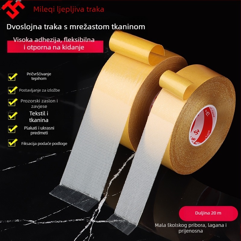 Mileage Dvostrana traka s tkaninskom bazom za učvršćivanje tepiha, ljepilo na bazi topljenja, debljina 0,26 mm, duljina 20–50 m