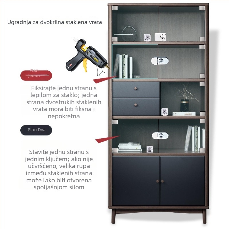 Zaključavanje za stakleni ormarić — model 407/417; materijal: cinkova legura; pogodno za staklo debljine 5–8 mm; stil: moderni minimalistički
