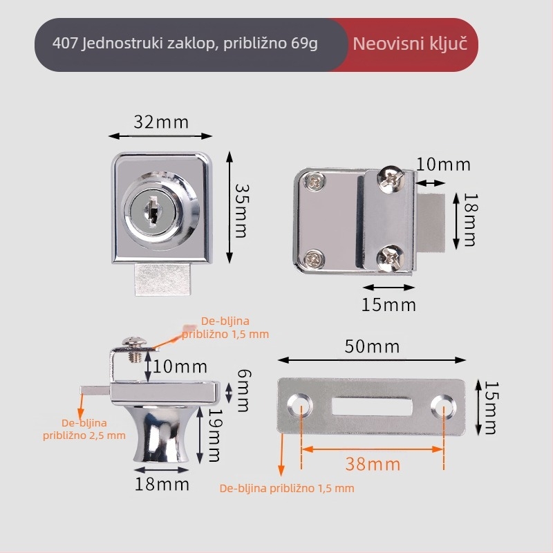 Zaključavanje za stakleni ormarić — model 407/417; materijal: cinkova legura; pogodno za staklo debljine 5–8 mm; stil: moderni minimalistički