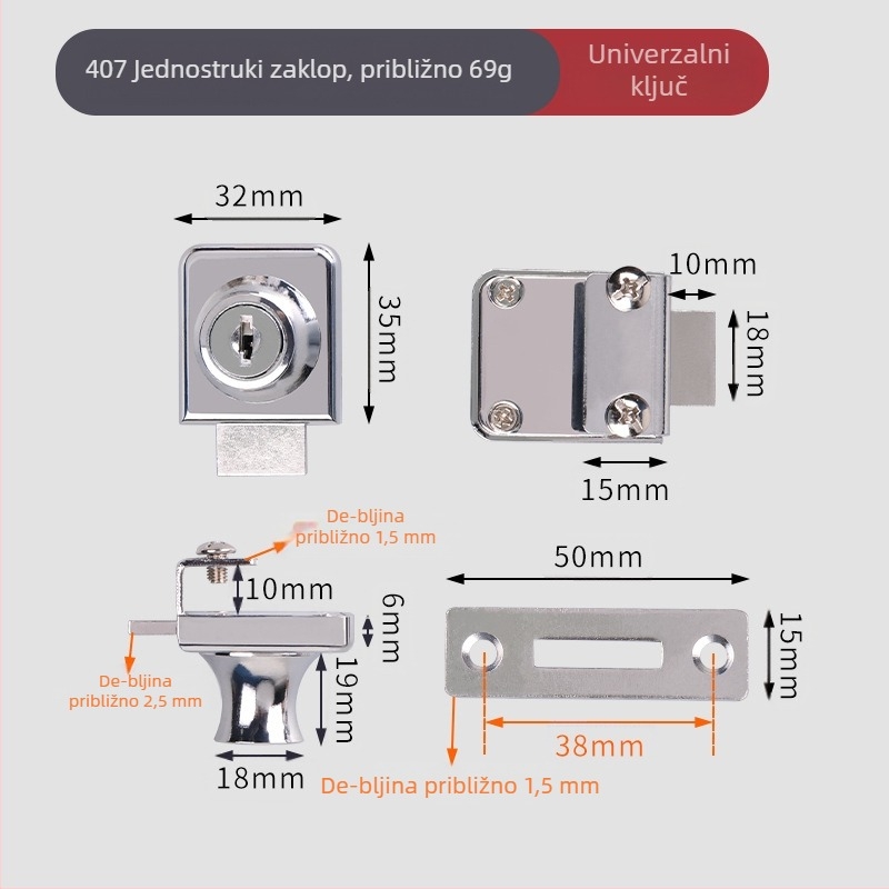 Zaključavanje za stakleni ormarić — model 407/417; materijal: cinkova legura; pogodno za staklo debljine 5–8 mm; stil: moderni minimalistički