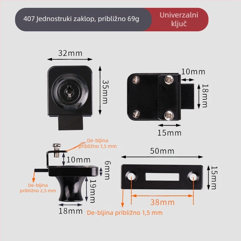 Zaključavanje za stakleni ormarić — model 407/417; materijal: cinkova legura; pogodno za staklo debljine 5–8 mm; stil: moderni minimalistički