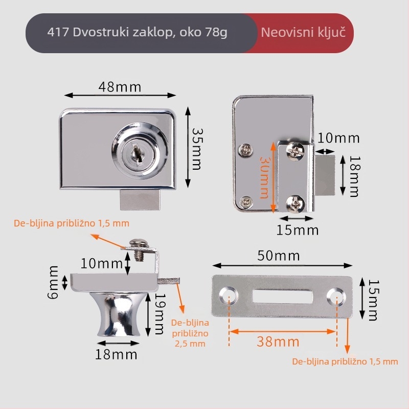 Zaključavanje za stakleni ormarić — model 407/417; materijal: cinkova legura; pogodno za staklo debljine 5–8 mm; stil: moderni minimalistički