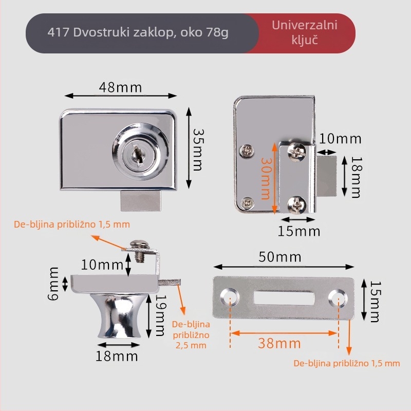Zaključavanje za stakleni ormarić — model 407/417; materijal: cinkova legura; pogodno za staklo debljine 5–8 mm; stil: moderni minimalistički