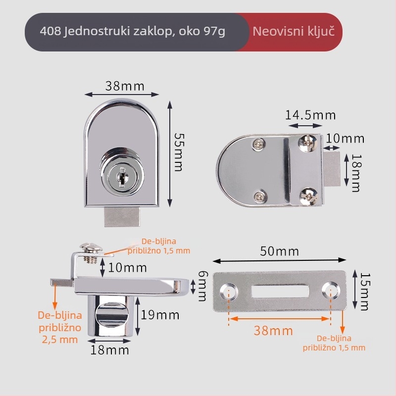 Zaključavanje za stakleni ormarić — model 407/417; materijal: cinkova legura; pogodno za staklo debljine 5–8 mm; stil: moderni minimalistički