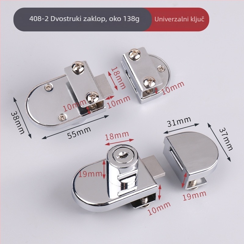 Zaključavanje za stakleni ormarić — model 407/417; materijal: cinkova legura; pogodno za staklo debljine 5–8 mm; stil: moderni minimalistički