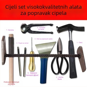 Set alata za popravak cipela – potpuni set s bakrenim awlom, kliještima, čekićem, drvenim pilnikom, škare
