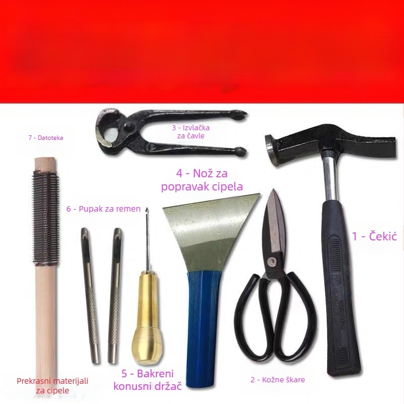 Set alata za popravak cipela – potpuni set s bakrenim awlom, kliještima, čekićem, drvenim pilnikom, škare