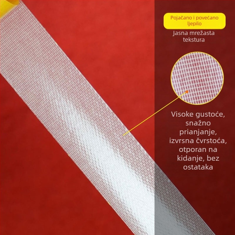 Dvostrano ljepiva mreža s platnenom podlogom za arhitektonsku dekoraciju; osnova: polietilen/fibrarna mreža; debljina 0,3 mm; ljepilo: topljivi ljepilo