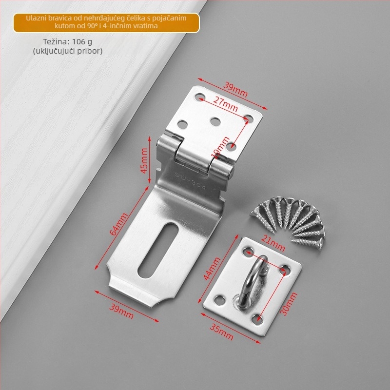 Ploča za zaključavanje od nehrđajućeg čelika s 90° kutom, sklopni protivkrađni mehanizam za ormariće i vrata prostorija, model Yc-stainless steel lock plate, materijal 304/201
