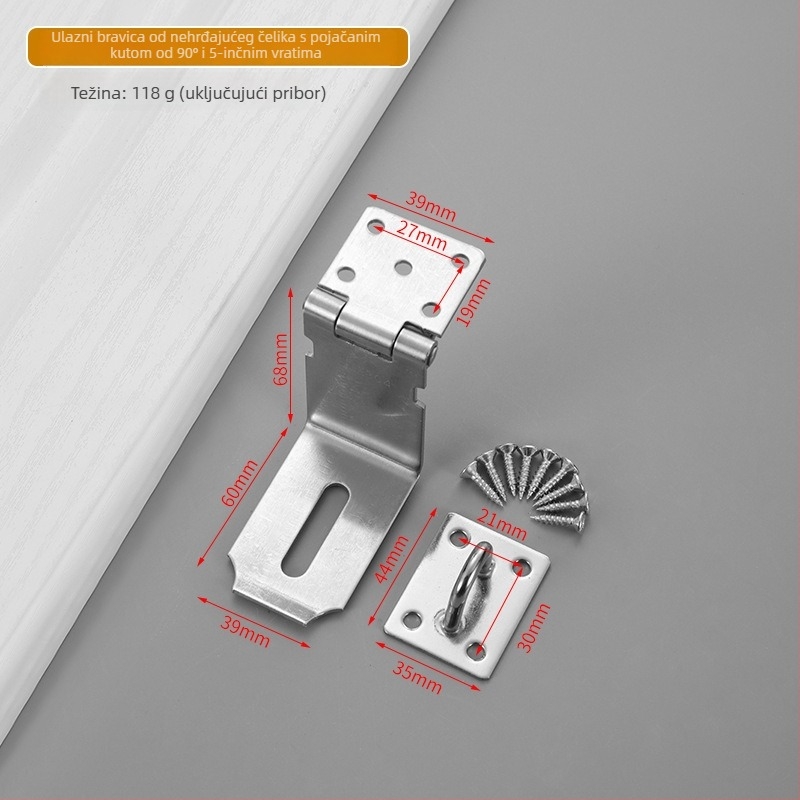 Ploča za zaključavanje od nehrđajućeg čelika s 90° kutom, sklopni protivkrađni mehanizam za ormariće i vrata prostorija, model Yc-stainless steel lock plate, materijal 304/201