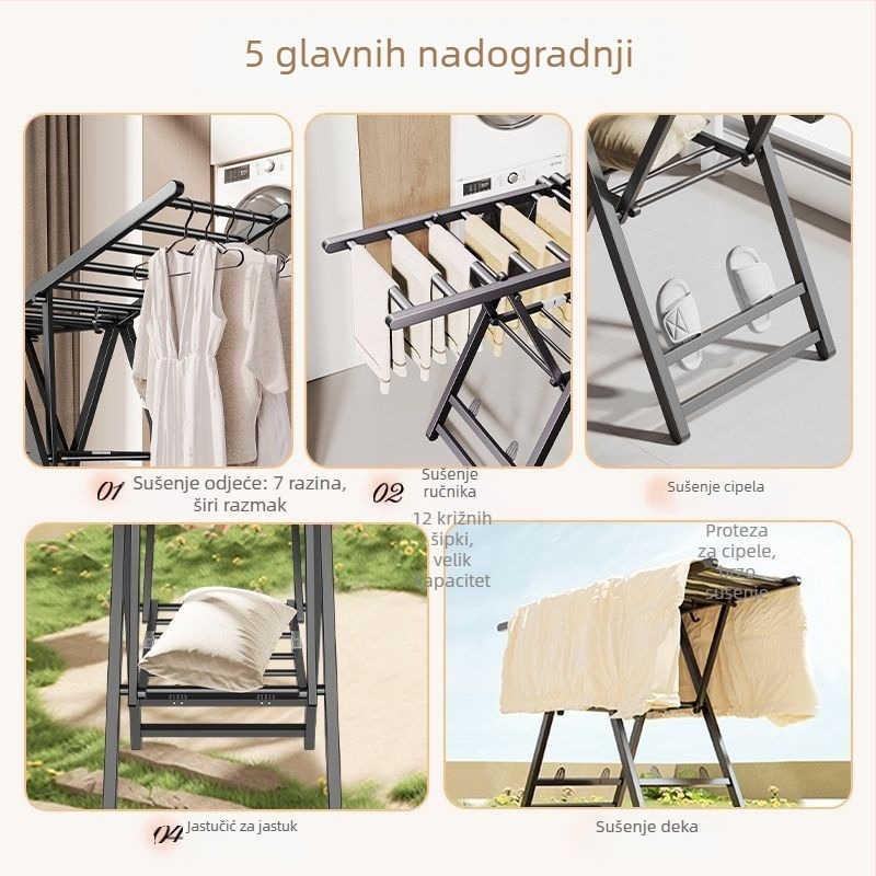 Kompaktni podni stalak za sušenje odjeće, krilnog oblika, metalni, mobilni, model JGFR-K2