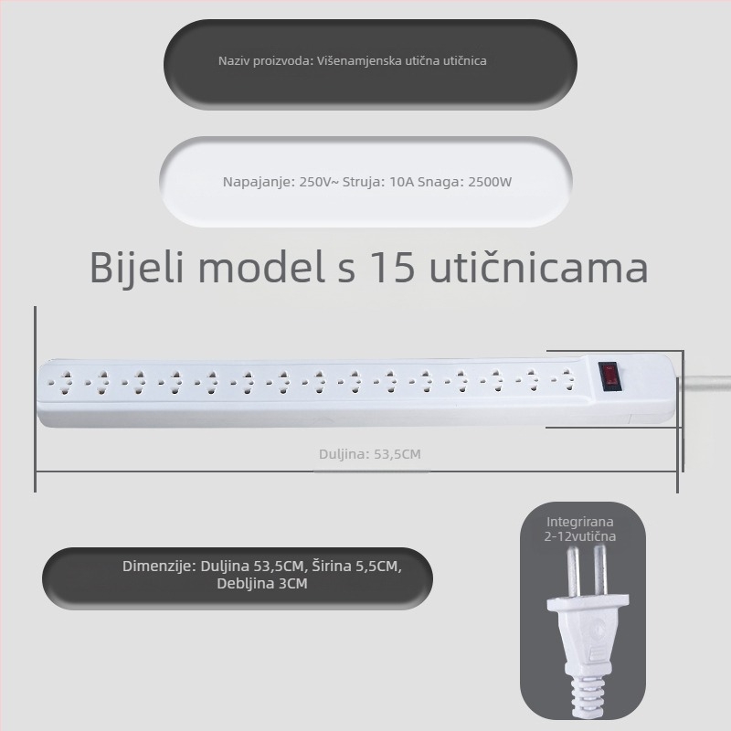 Utičnica za kabeliranje, 15/30 rupe, 10A, 220–250V, 2500W, Yaqi