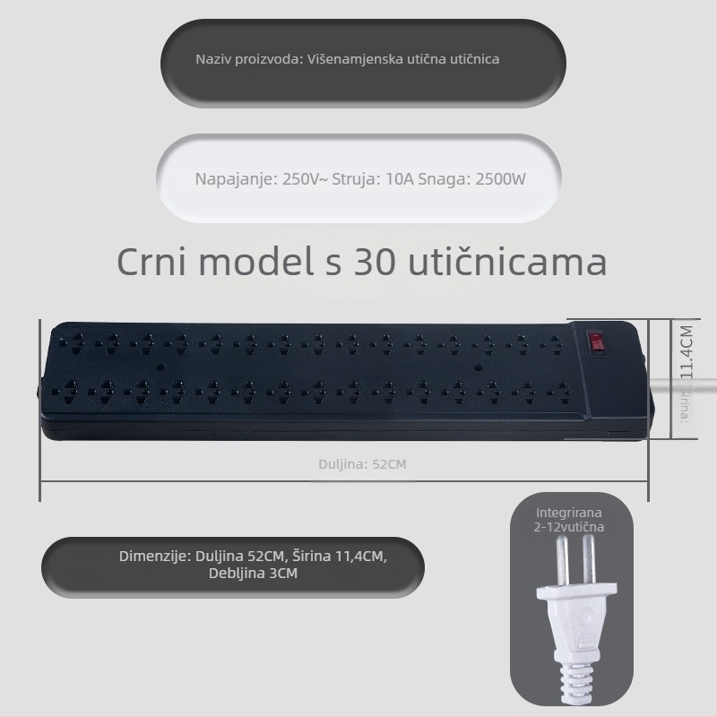 Utičnica za kabeliranje, 15/30 rupe, 10A, 220–250V, 2500W, Yaqi