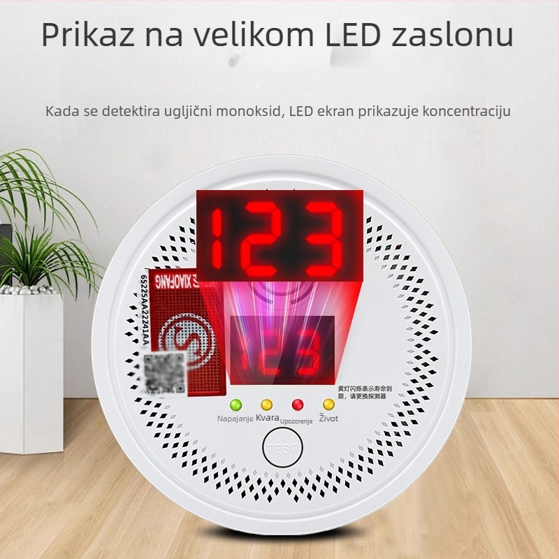 Fiksni detektor ugljičnog monoksida, model 008, detekcija 360°, bežični 433 MHz, zvukovno–svjetlosni alarm