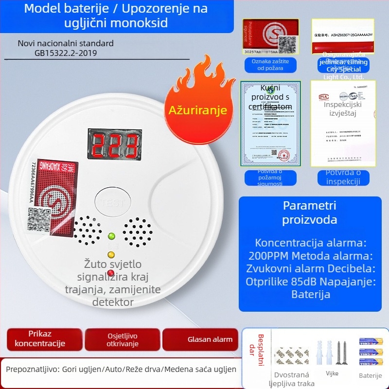 Fiksni detektor ugljičnog monoksida, model 008, detekcija 360°, bežični 433 MHz, zvukovno–svjetlosni alarm