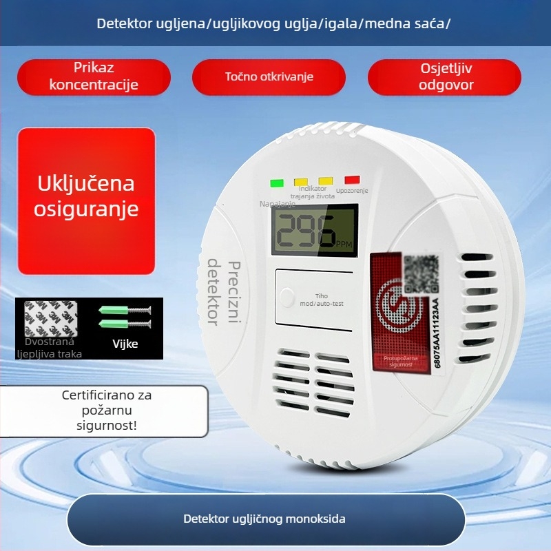 Fiksni detektor ugljičnog monoksida, model 008, detekcija 360°, bežični 433 MHz, zvukovno–svjetlosni alarm