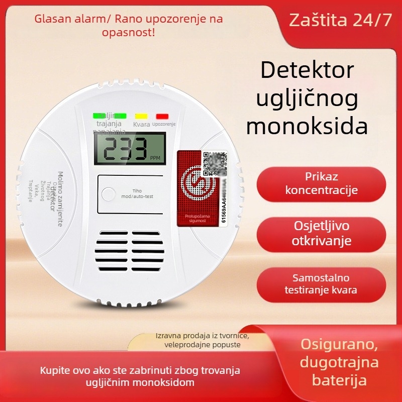Fiksni detektor ugljičnog monoksida, model 008, detekcija 360°, bežični 433 MHz, zvukovno–svjetlosni alarm