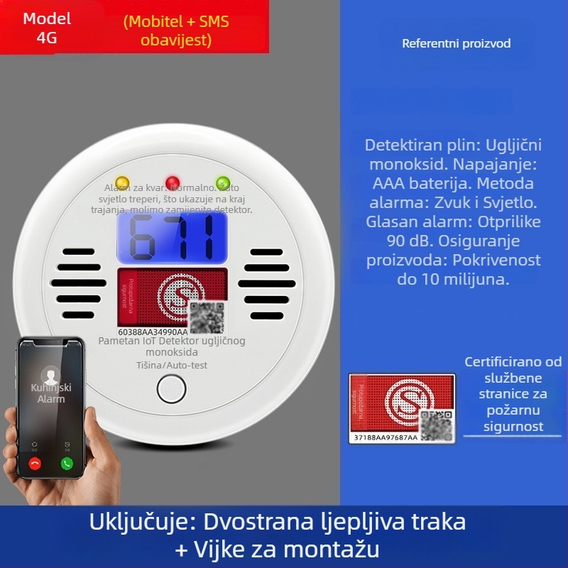Fiksni detektor ugljičnog monoksida, model 008, detekcija 360°, bežični 433 MHz, zvukovno–svjetlosni alarm