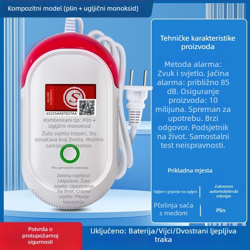 Fiksni detektor ugljičnog monoksida, model 008, detekcija 360°, bežični 433 MHz, zvukovno–svjetlosni alarm