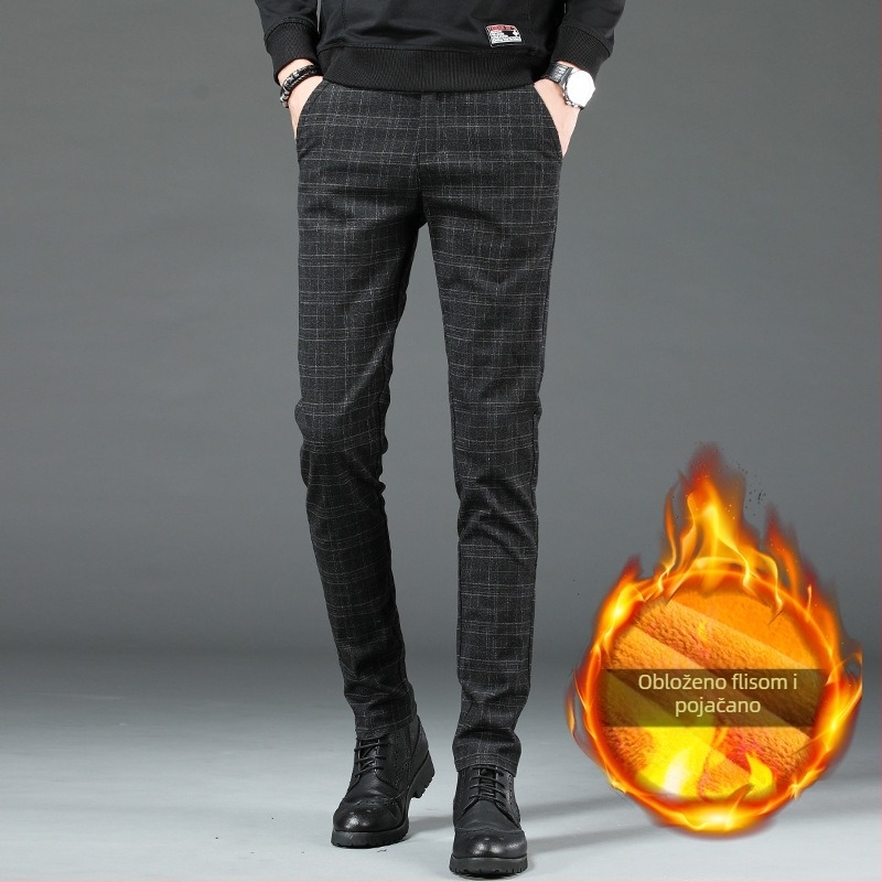 Muške hlače business casual, karirane pamuk za zimu, ravni kroj, podstavljene velurom, srednji pojas, 65–85% pamuka