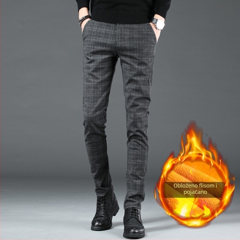 Muške hlače business casual, karirane pamuk za zimu, ravni kroj, podstavljene velurom, srednji pojas, 65–85% pamuka