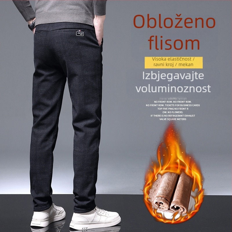 Muške hlače business casual, karirane pamuk za zimu, ravni kroj, podstavljene velurom, srednji pojas, 65–85% pamuka