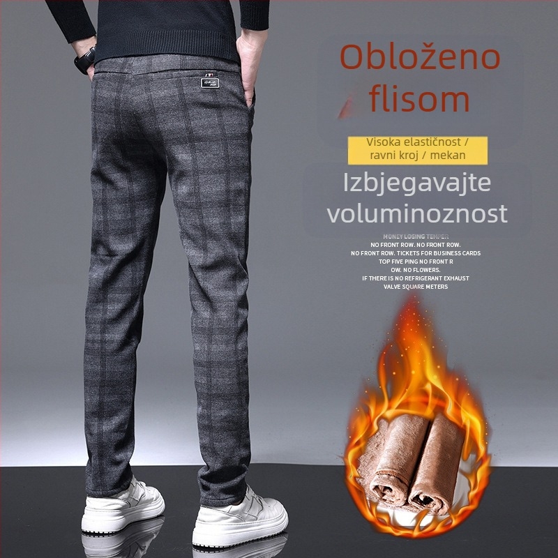 Muške hlače business casual, karirane pamuk za zimu, ravni kroj, podstavljene velurom, srednji pojas, 65–85% pamuka