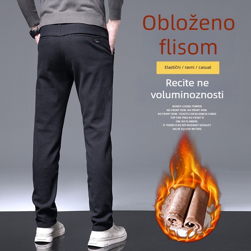Muške hlače business casual, karirane pamuk za zimu, ravni kroj, podstavljene velurom, srednji pojas, 65–85% pamuka