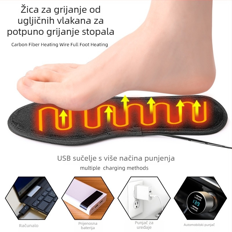 Unisex grijani ulošci za cipele s USB napajanjem, cijela podloga, 5-zonsko grijanje, kristalni baršun i vlakna od ugljika
