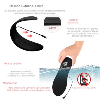USB grijaća tabanica za cipele, punjiva, periva, može se izrezati po veličini, grijanje cijele tabanice