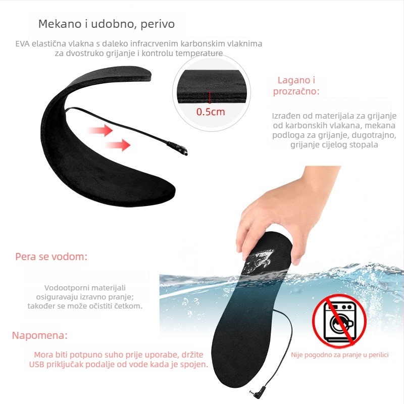 USB grijaća tabanica za cipele, punjiva, periva, može se izrezati po veličini, grijanje cijele tabanice