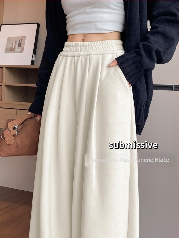 Široke hlače od vune i poliestera s flecom, visokim strukom, debeli zimski model 2025, ležerni stil