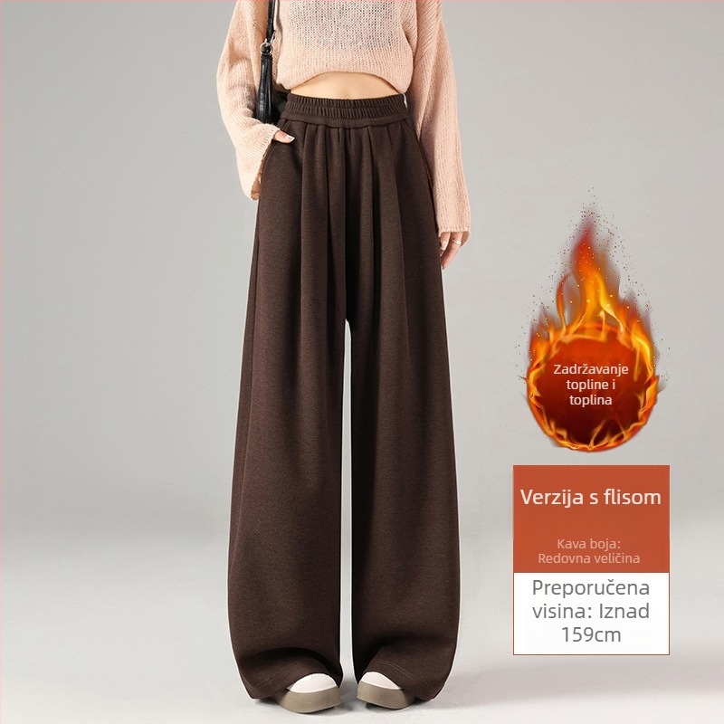 Široke hlače od vune i poliestera s flecom, visokim strukom, debeli zimski model 2025, ležerni stil