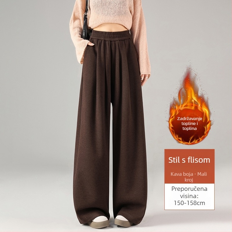 Široke hlače od vune i poliestera s flecom, visokim strukom, debeli zimski model 2025, ležerni stil