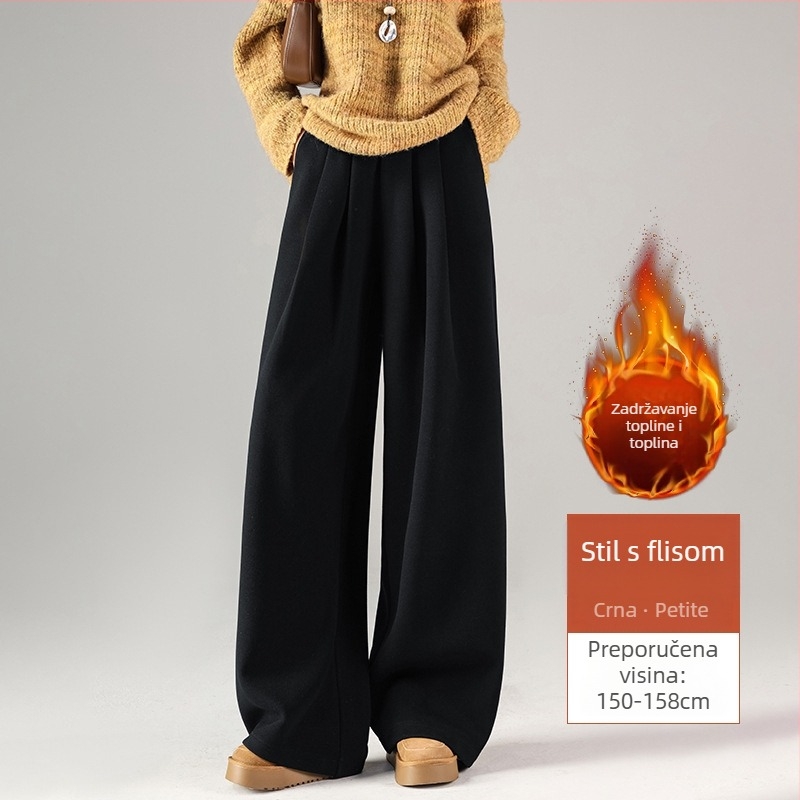 Široke hlače od vune i poliestera s flecom, visokim strukom, debeli zimski model 2025, ležerni stil