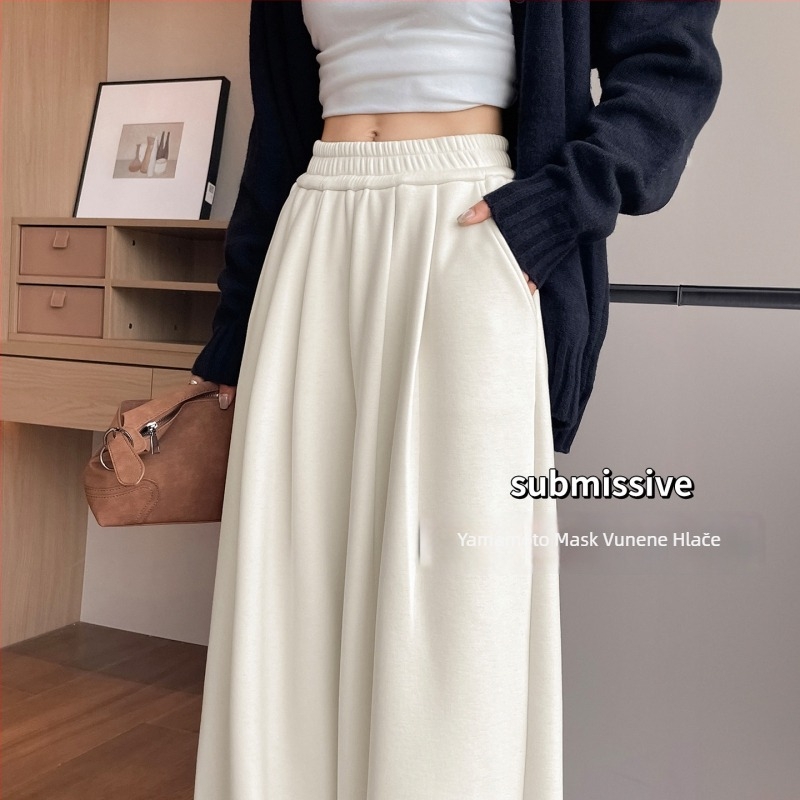 Široke hlače od vune i poliestera s flecom, visokim strukom, debeli zimski model 2025, ležerni stil