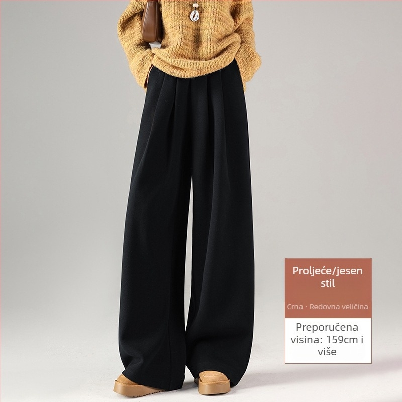 Široke hlače od vune i poliestera s flecom, visokim strukom, debeli zimski model 2025, ležerni stil
