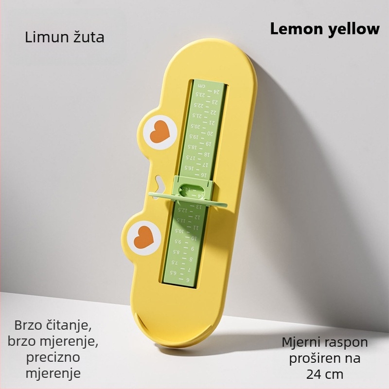 Dječji mjerač stopala — mjeri duljinu stopala i unutarnju duljinu cipele; Materijal: ABS plastika; Dobna skupina: 1–12 godina; Stil: Cartoon Paradise; Pakiranje: jedno pakiranje
