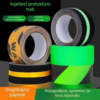 Svijetleća protuklizna upozoravajuća traka za stepenice; samosvijetla, reflektirajuća površina (podloga PET; acryl ljepilo; -10 do 60 °C; bijelo silikon pozadina; upozorenje industrijske opreme)