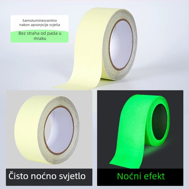 Svijetleća protuklizna upozoravajuća traka za stepenice; samosvijetla, reflektirajuća površina (podloga PET; acryl ljepilo; -10 do 60 °C; bijelo silikon pozadina; upozorenje industrijske opreme)
