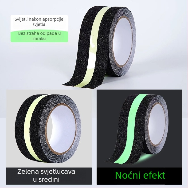 Svijetleća protuklizna upozoravajuća traka za stepenice; samosvijetla, reflektirajuća površina (podloga PET; acryl ljepilo; -10 do 60 °C; bijelo silikon pozadina; upozorenje industrijske opreme)