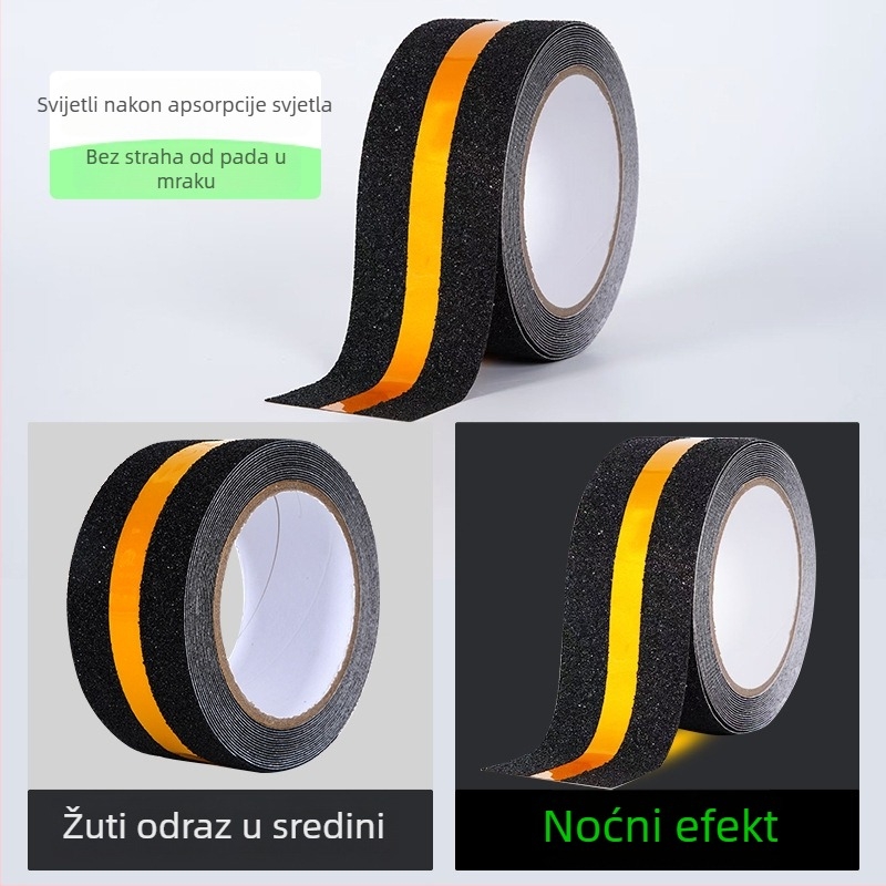 Svijetleća protuklizna upozoravajuća traka za stepenice; samosvijetla, reflektirajuća površina (podloga PET; acryl ljepilo; -10 do 60 °C; bijelo silikon pozadina; upozorenje industrijske opreme)