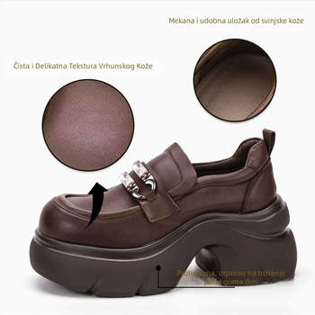 Ženske platform loafers s 8 cm visinom, gornji dio od kože prvog sloja, okrugli vrh, gumasti potplat, kožni ulošak
