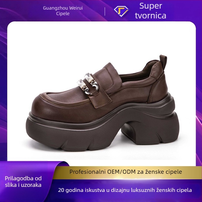 Ženske platform loafers s 8 cm visinom, gornji dio od kože prvog sloja, okrugli vrh, gumasti potplat, kožni ulošak