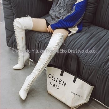 Čizme iznad koljena s oštrim nosom, uskim potpeticama iznad 8 cm, sintetička koža, bočni zatvarač, krížni remeni