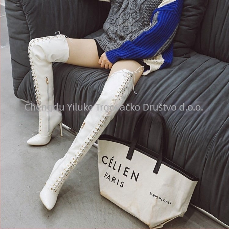 Čizme iznad koljena s oštrim nosom, uskim potpeticama iznad 8 cm, sintetička koža, bočni zatvarač, krížni remeni