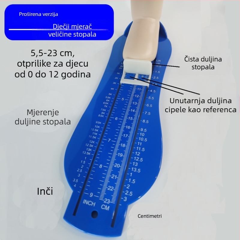 Proširena verzija mjernog uređaja za dječje stopala, ABS plastika, za dob 1–12 godina, pojedinačno pakiranje, bez marke.