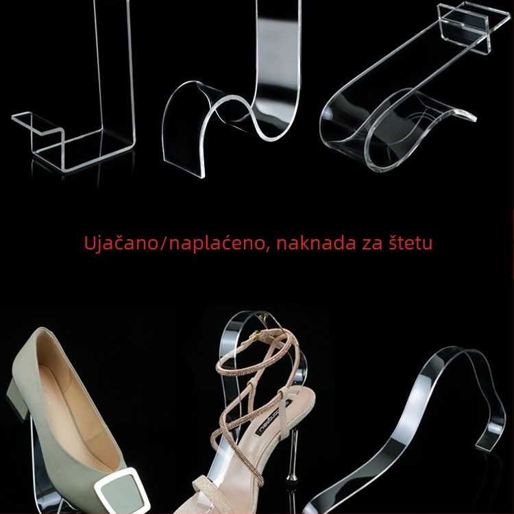Prozirni akrilni izložbeni stalak za kožne cipele sa srednjim i visokim potpeticama, s elastičnim unutarnjim potporama